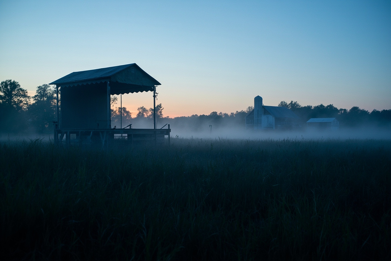 Atmospheric pre-dawn photograph of a misty central Indiana festival field at blue hour with a weathered wooden stage, weathered barn silhouette in the distance, low fog drifting across tall native grass between oak and maple trunks at the woodline, and a faint amber sliver of dawn on the eastern horizon — the Winding Creek Music Festival grounds in western Howard County during the Bigfoot Stomp Weekend