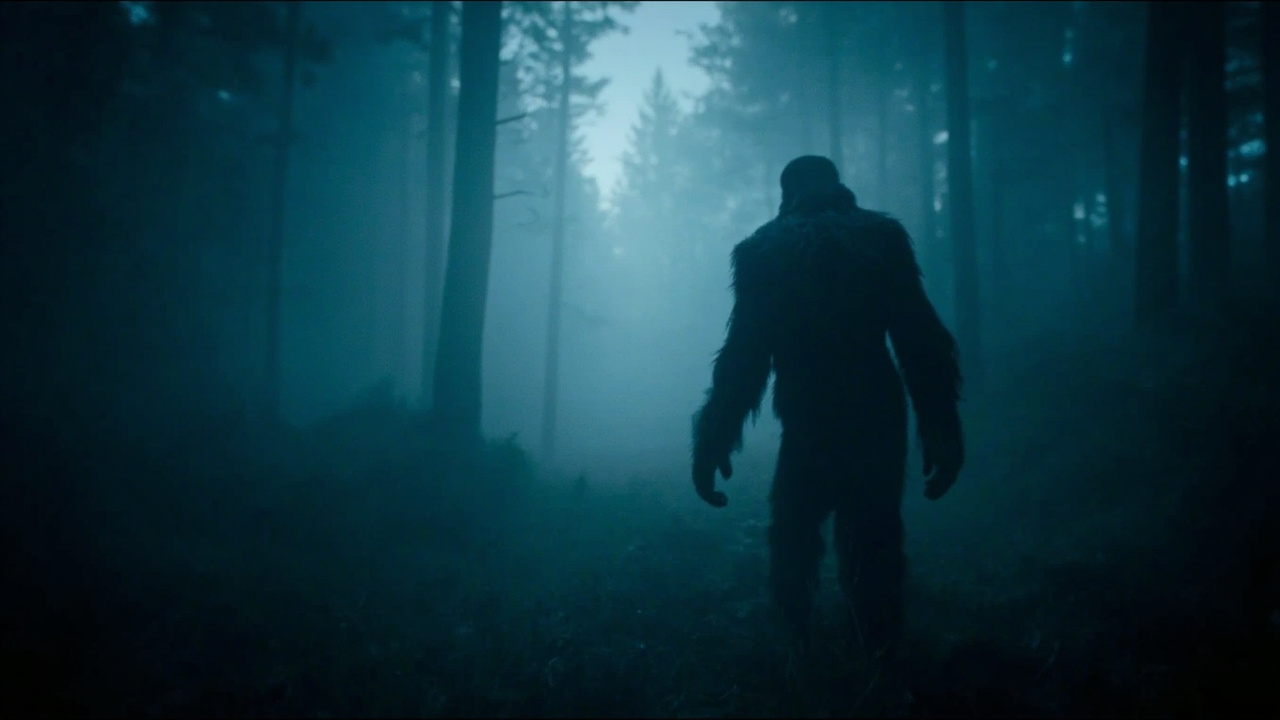 Atmospheric photograph of a misty heartland forest road at pre-dawn blue hour with low fog drifting between bare hardwood trunks and a faint amber dawn glow on the horizon — the kind of empty Hoosier woods that the national Bigfoot sightings map says Sasquatch wisely avoided