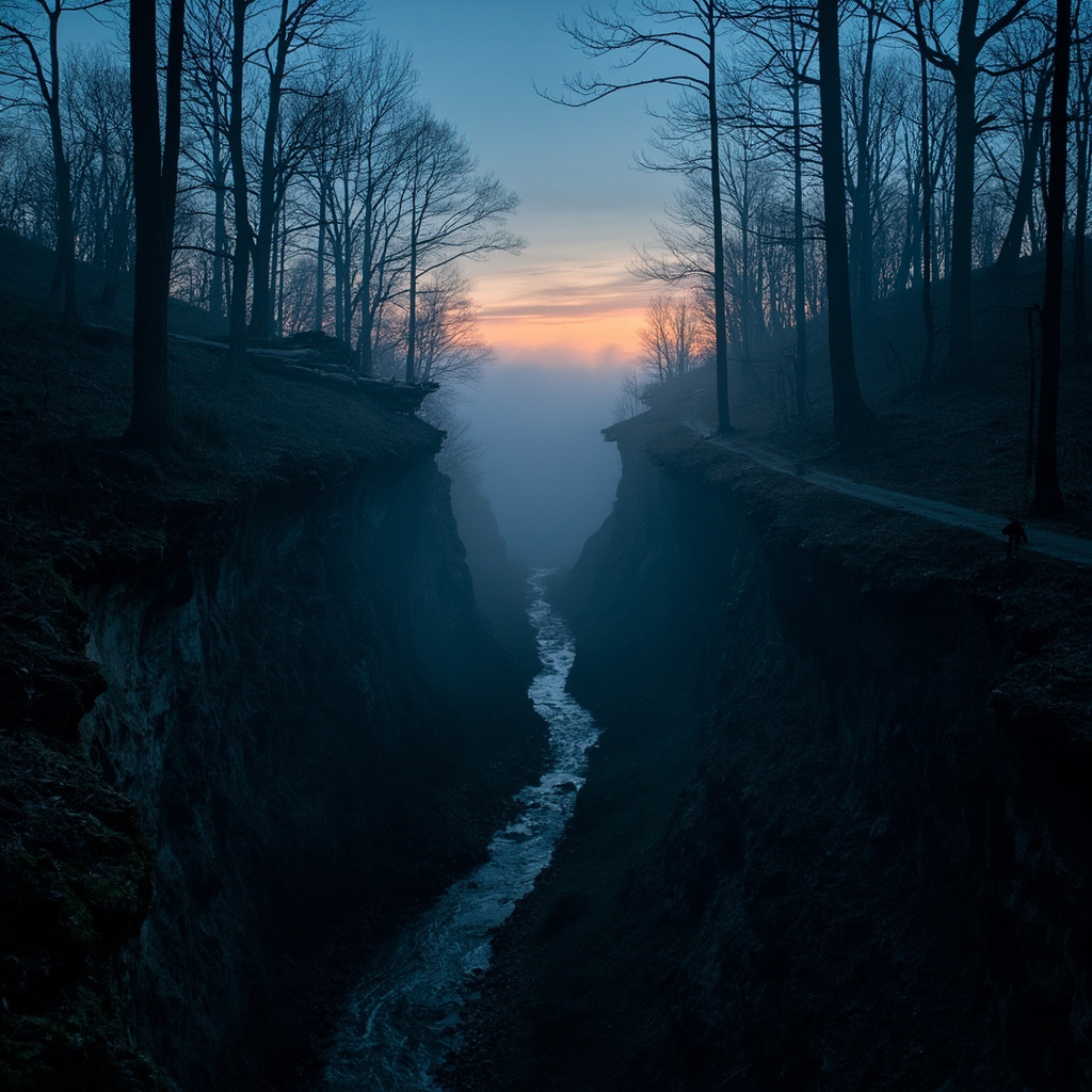 Atmospheric photograph of an eastern Ohio hill-country forest at pre-dawn blue hour, a deep hollow with low fog drifting between bare sycamore and tulip poplar trunks on a steep ridge, a narrow creek winding through the bottom, and a faint amber glow on the eastern horizon — the Jefferson County, Ohio corridor where three BFRO reports landed within five miles in 2026