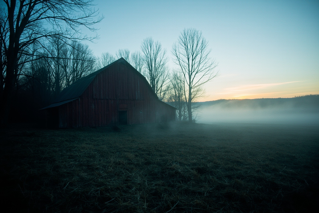 Atmospheric photograph of a misty southwest Pennsylvania farm at pre-dawn blue hour with a red barn at the edge of a hayfield, low fog drifting between bare maple and oak trunks at the woodline, and a faint amber sliver of dawn on the eastern horizon — the Indiana County property where the August 18–19, 2026 mini-Bigfoot sightings occurred