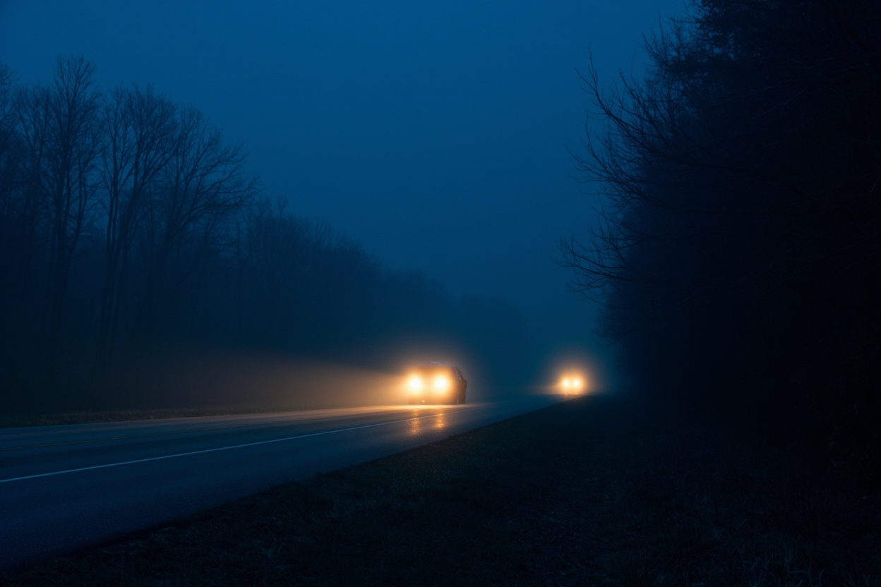 Atmospheric pre-dawn photograph of a foggy rural western Kentucky two-lane highway at blue hour with headlight glow cutting through low mist, bare oak and hickory trunks lining a ridge-and-hollow landscape at the woodline, faint amber dawn glow on the eastern horizon